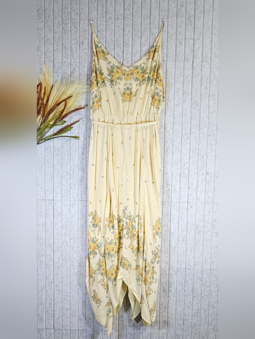 Urban Outfitters Yellow Floral Maxi Dress Large Boho Handkerchief Hem
